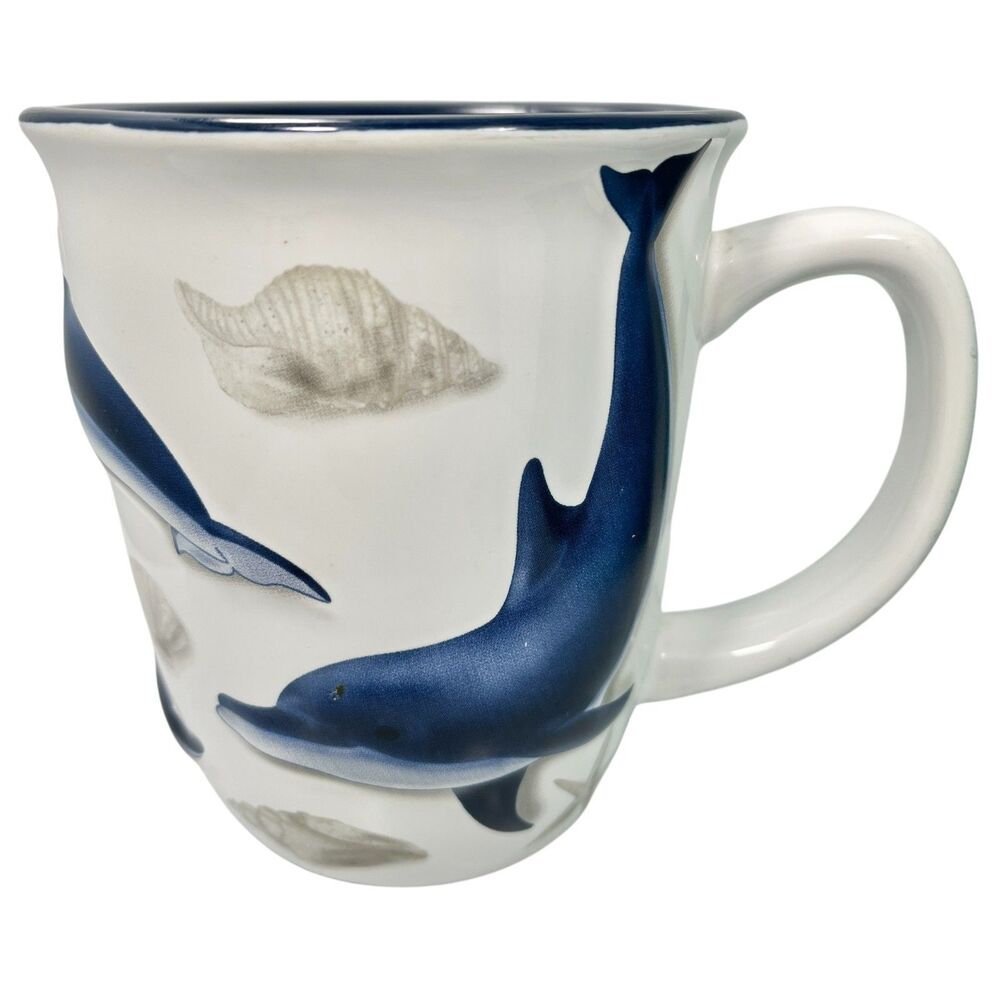 Vtg Sea World Swimming Blue Dolphins Ceramic Mug Cup Shells Starfish Porpoise